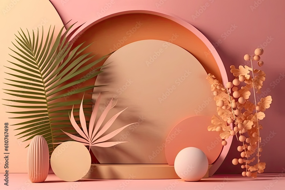Fototapeta premium pink wall adorned with a potted plant and a vase. Generative AI
