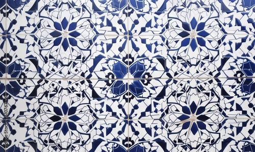  a blue and white tiled wall with a flower design on the side of the wall and a blue and white flower design on the wall. generative ai