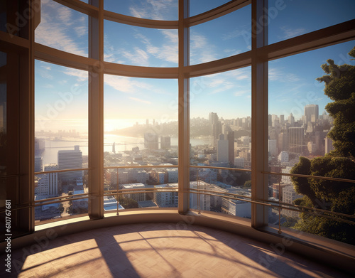 View from a high building  sun light through windows  view into city skyline. Generative Ai.