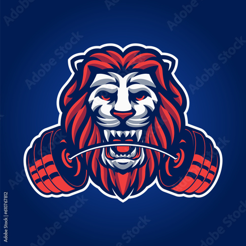 Lion head with barbell on mouth logo concept for fitness and gym