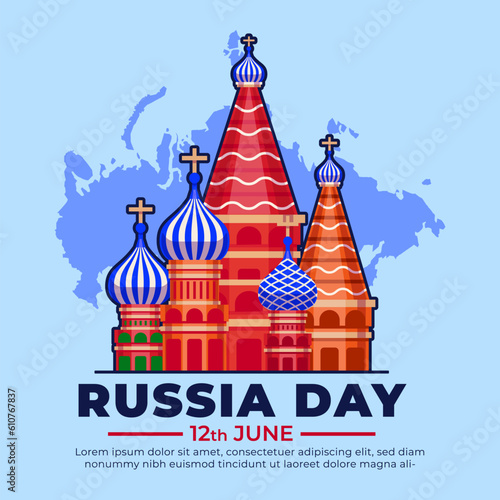 Russian National Day. Russia landmark with Russian map on background and greeting text Russia Day on 12 June