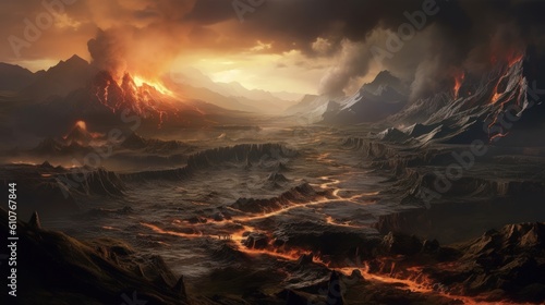 Volcanic landscape with erupting volcanoes  rivers of lava  and a dark  ominous sky filled with ash and smoke