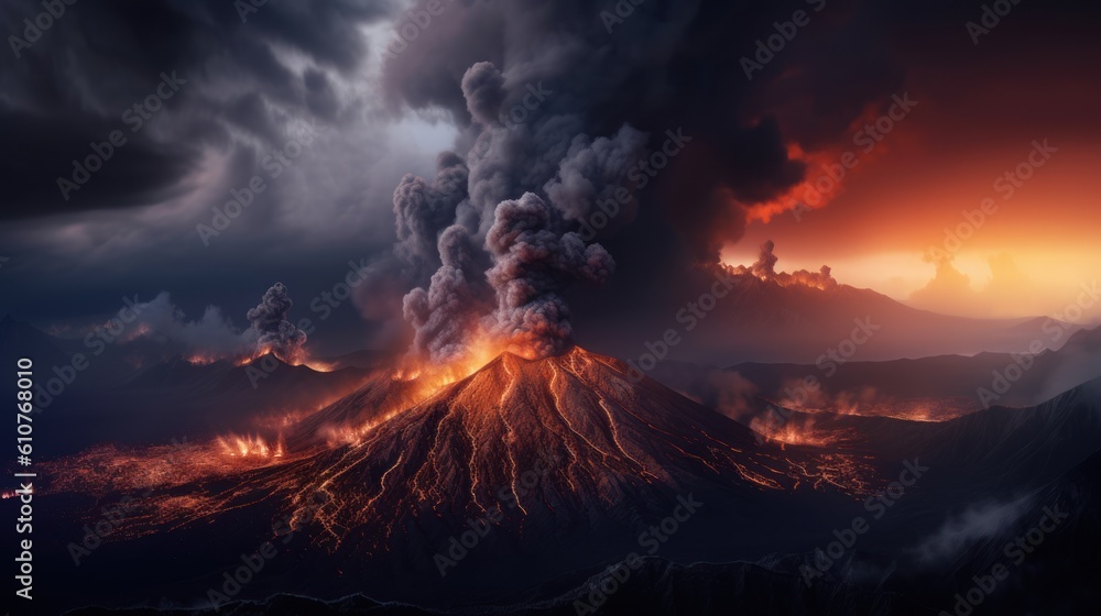 Volcanic landscape with erupting volcanoes, rivers of lava, and a dark, ominous sky filled with ash and smoke