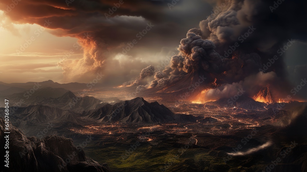 Volcanic landscape with erupting volcanoes, rivers of lava, and a dark, ominous sky filled with ash and smoke - obrazy, fototapety, plakaty 