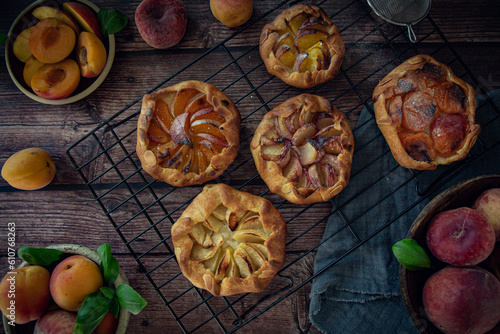 Different homemade baked fruit tarts, galettes with apricot, peach and apple on dark background