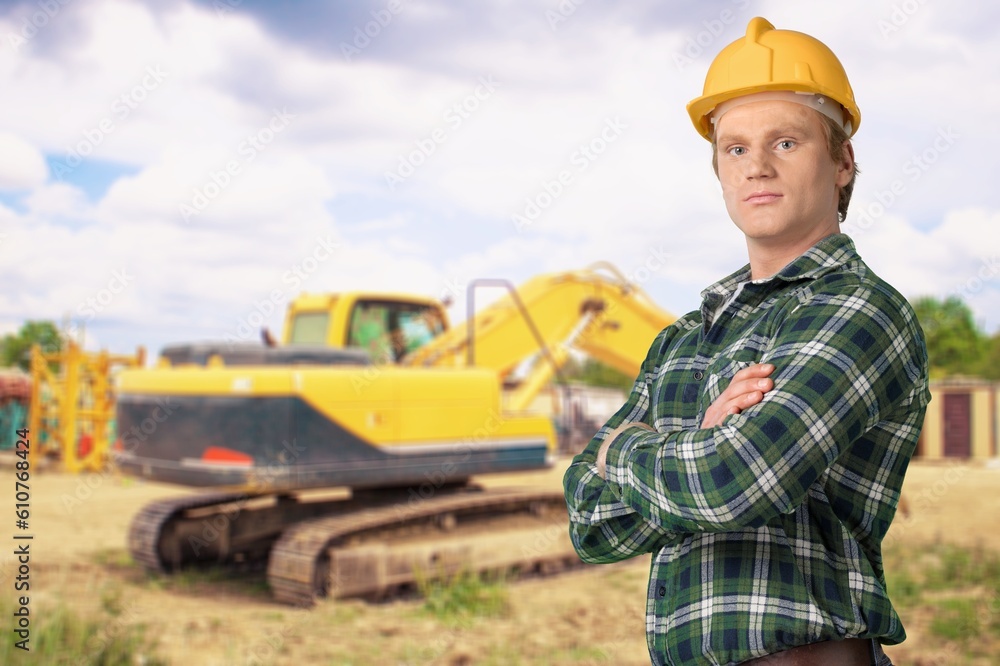 Confident foreman worker in safety helmet Confident foreman worker in safety helmet
