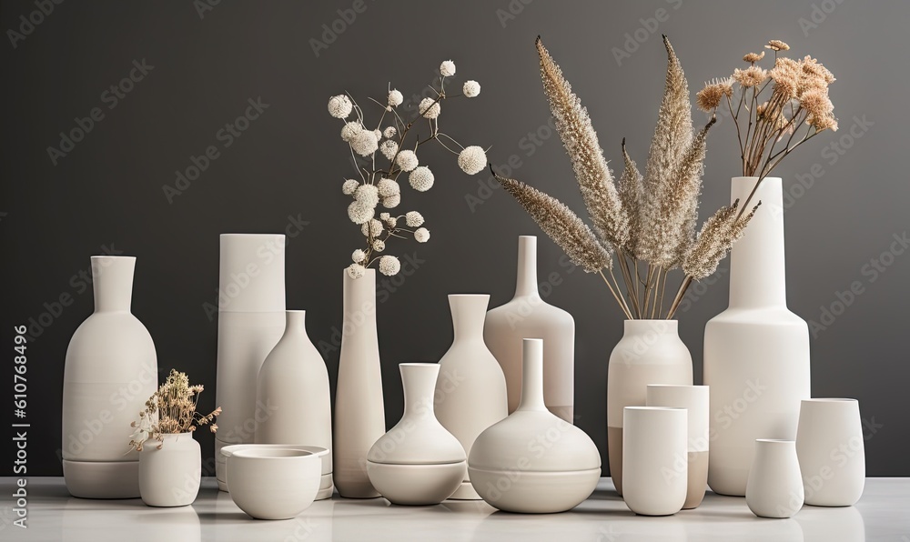 a group of white vases sitting on top of a white table next to a plant and a vase filled with dried flowers and other vases. generative ai a group of white vases sitting on top of a white table next to a plant and a vase filled with dried flowers and other vases. generative ai