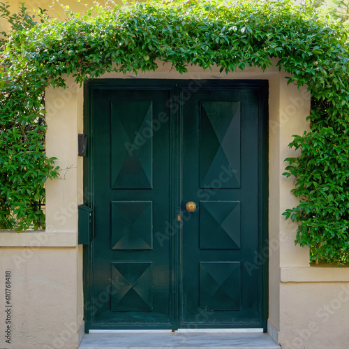 An elegant apartment building entrance with a green painted iron door decorated with a foliage arch. Athens  Greece.