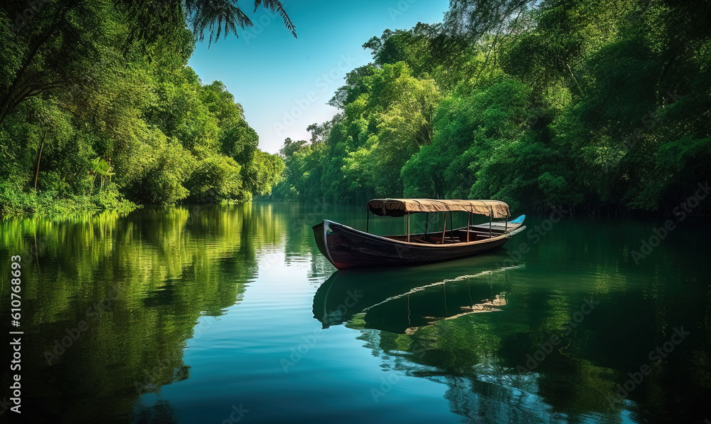 Fototapeta premium a boat is floating on a river surrounded by green trees and a blue sky with a few clouds in the sky and a few clouds in the water. generative ai