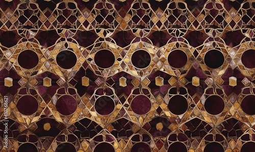  a close up of a wall made out of circles and circles of different sizes and shapes  with a gold and red background and a black background.  generative ai