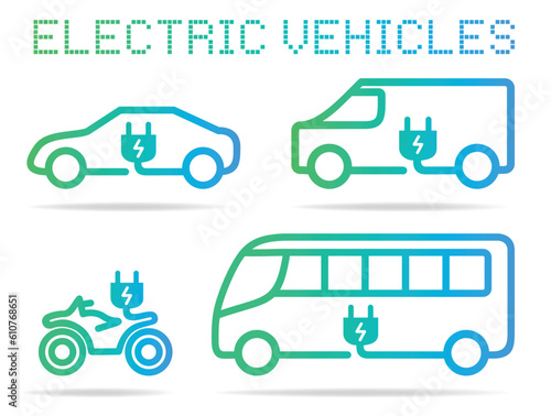 electric vehicles vector icons set : car, bus, van, plug, eco power, transport, green energy