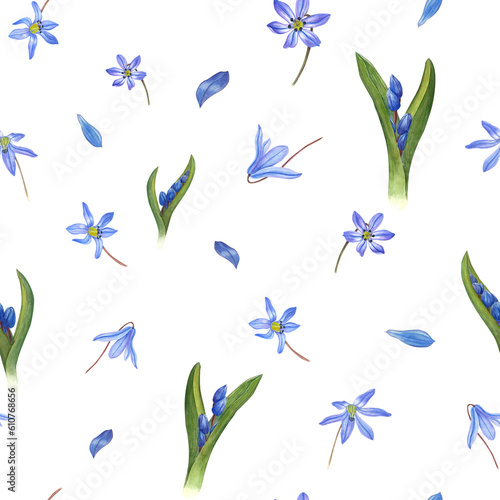Картината върху платно Watercolor seamless pattern of blue snowdrops isolated on transparent background