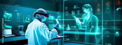 Future of Healthcare Visualized: Masked Scientist Interacting with Luminous Blue Virtual Health Dashboard, Evoking Progress in Medical Informatics