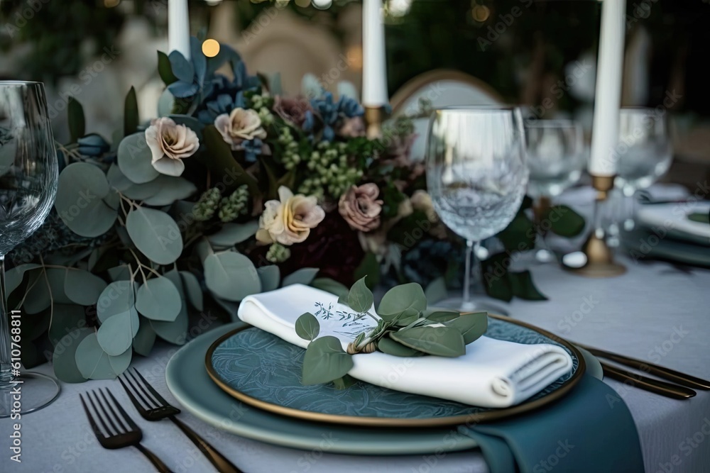 Fototapeta premium beautifully arranged dining table with place settings and cutlery. Generative AI