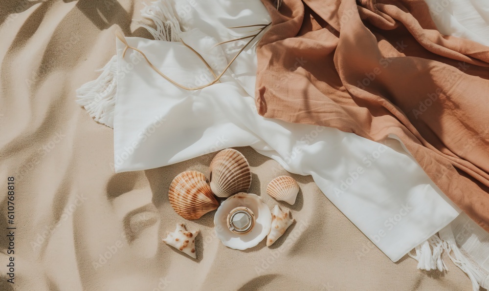 shells and a blanket on a beach with a string of sea shells on the sand next to it and a pair of sunglasses on top. generative ai shells and a blanket on a beach with a string of sea shells on the sand next to it and a pair of sunglasses on top. generative ai