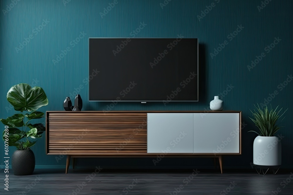 modern living room with a large flat screen TV mounted on the wall. Generative AI modern living room with a large flat screen TV mounted on the wall. Generative AI