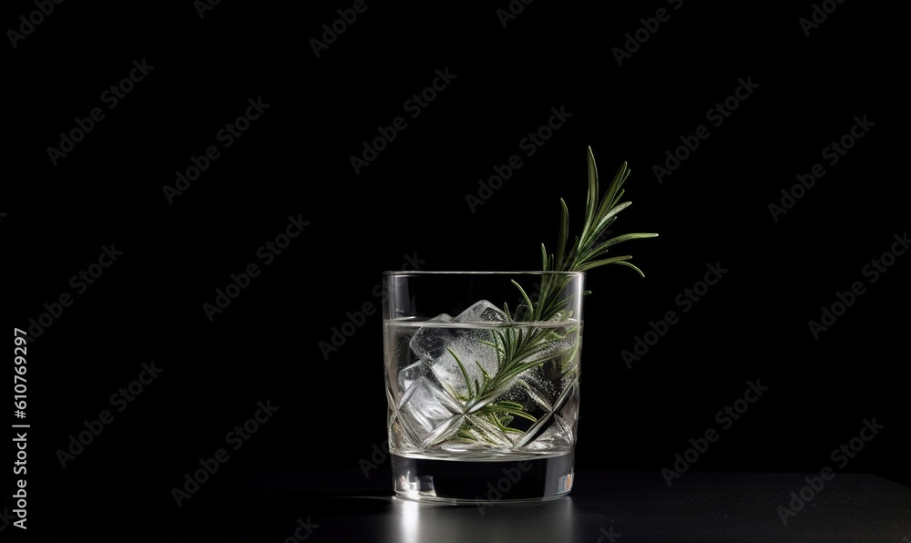 a glass with ice and a plant in it on a table with a black background and a black background with a white spot in the middle of the glass. generative ai a glass with ice and a plant in it on a table with a black background and a black background with a white spot in the middle of the glass. generative ai