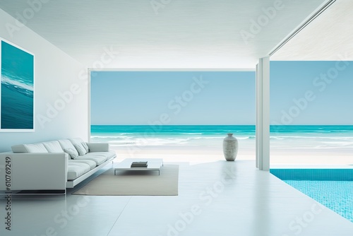 A stunning summer beach house features an empty, sizable living room with a view of the sea and a pool next to the terrace. Large white wall serving as the background of a vacation home Generative AI © 2rogan