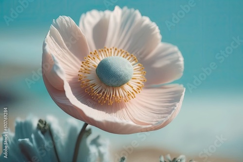Close-up with delicate selective focus of soft pink anemone blooming in summer spring outdoors against a blue background. a delicate, dreamy image of the beauty of nature. Generative AI
