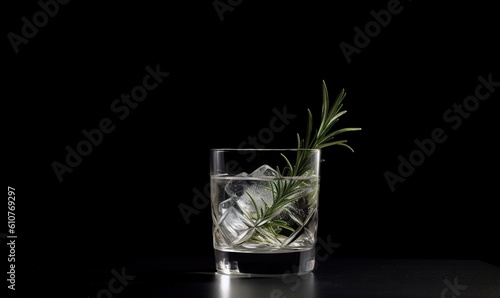  a glass with ice and a plant in it on a table with a black background and a black background with a white spot in the middle of the glass. generative ai
