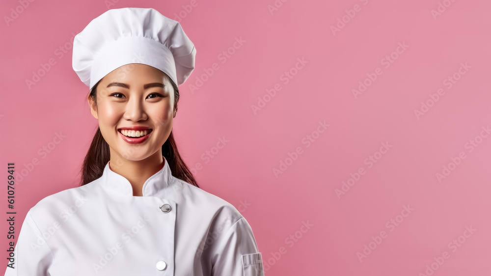 Portrait of asian smiling female chef, on a solid background, copy space, mockup, a fictional AI-generated person, Generative AI Portrait of asian smiling female chef, on a solid background, copy space, mockup, a fictional AI-generated person, Generative AI
