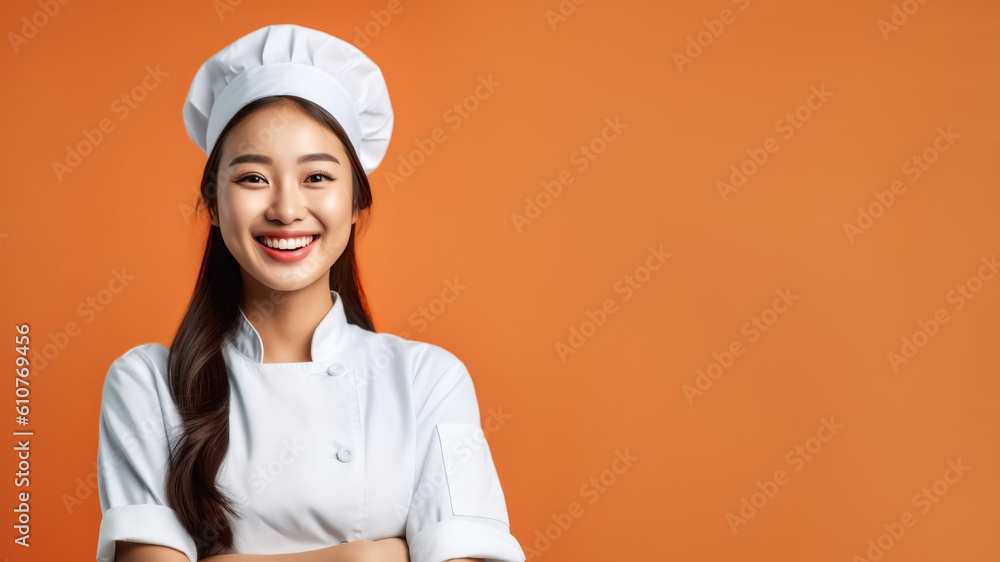 Portrait of smiling female asian chef, on a solid background, copy space, mockup, a fictional AI-generated person, Generative AI
Portrait of smiling female asian chef, on a solid background, copy space, mockup, a fictional AI-generated person, Generative AI