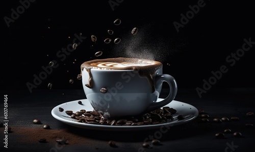  a cup of coffee with a saucer on a saucer surrounded by coffee beans and coffee beans on a black background with a splash of coffee. generative ai