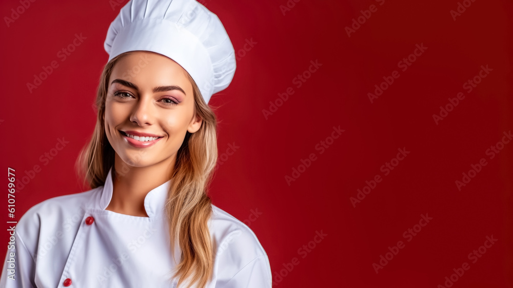 Portrait of smiling female chef, on a solid background, copy space, mockup, a fictional AI-generated person, Generative AI Portrait of smiling female chef, on a solid background, copy space, mockup, a fictional AI-generated person, Generative AI