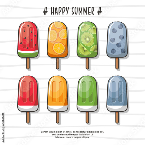 Set Of Fruit Popsicle  Summer Ice Cream. Cartoon Illustration