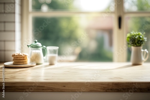 A bleached wooden table top against a hazy kitchen summer window serves as the background. Generative AI