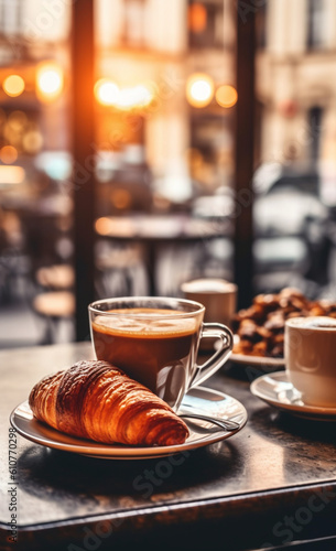 Barista s Delight  Inviting bar table with coffee and croissants  perfect for restaurant menus. Soft lights  create a cozy and relaxing atmosphere.generative AI 