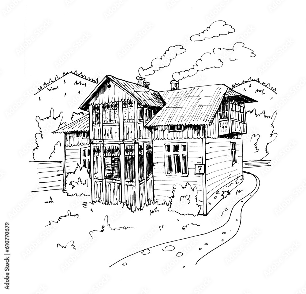 Wooden house with windows, mountain view drawn in black outline