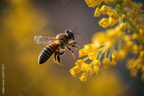 A honey bee flies around gathering pollen from a yellow bloom. In the blurred backdrop, a bee flies over a yellow blossom. Generative AI