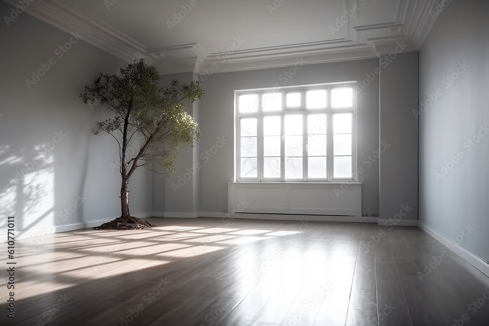 Obraz premium Empty room with white walls, with daylight from window and shadow on wall from tree. Ai generative