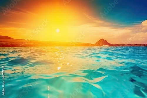Abstract backdrop of a tropical beach with gentle waves and a setting sun. Business summer vacation and trip adventure idea copy space. color style with a vintage tone filter effect. Generative AI © 2rogan