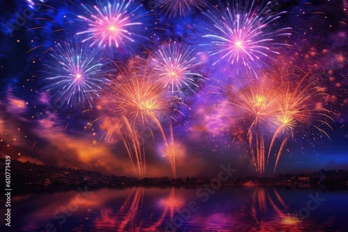 Explosive beauty as vibrant bursts of fireworks. Generative AI