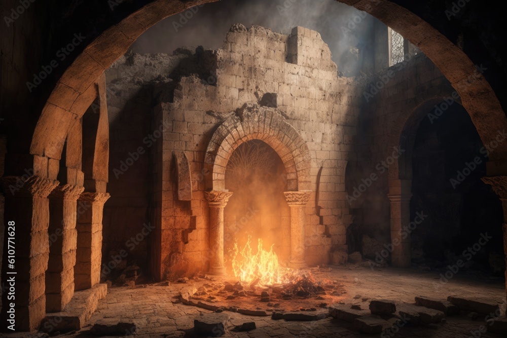 burning fire in an ancient stone structure. Generative AI