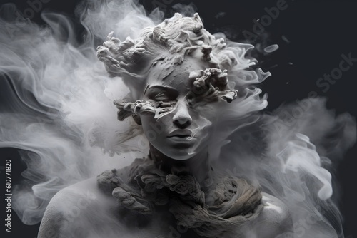 Portrait of a beautiful woman with smoke on a black background. Generated AI