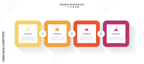 Timeline infographic with infochart. Modern presentation template with 4 spets for business process. Website template on white background for concept modern design. Horizontal layout.