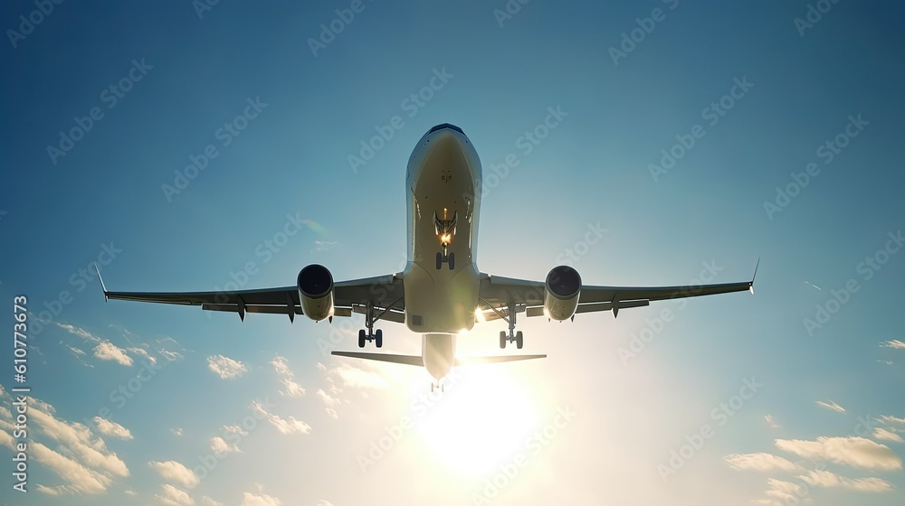 A jet passenger plane flies through the blue sky created with Generative AI technology. A jet passenger plane flies through the blue sky created with Generative AI technology.