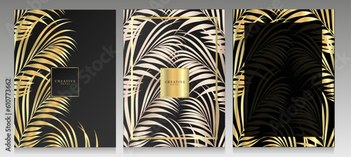Luxury exotic cover set.  Palm leaves, tropical foliage pattern. Collection of elegant brochures, invitations, menu, posters. Black, gold and pink vector illustration.