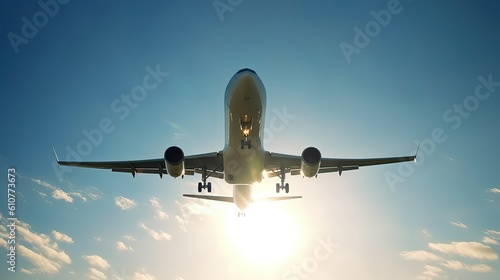 A jet passenger plane flies through the blue sky created with Generative AI technology.