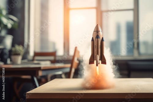 Business startup. Rocket launch in workplace. Success and concept of earning money online. Digital investment. Generative AI photo