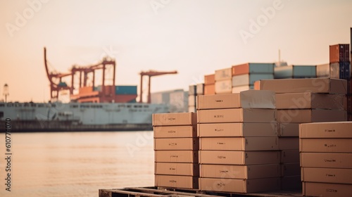 Pakete liefern per Schiff. Transport von Ware am Hafen. Verschiffen von Paketen. photo