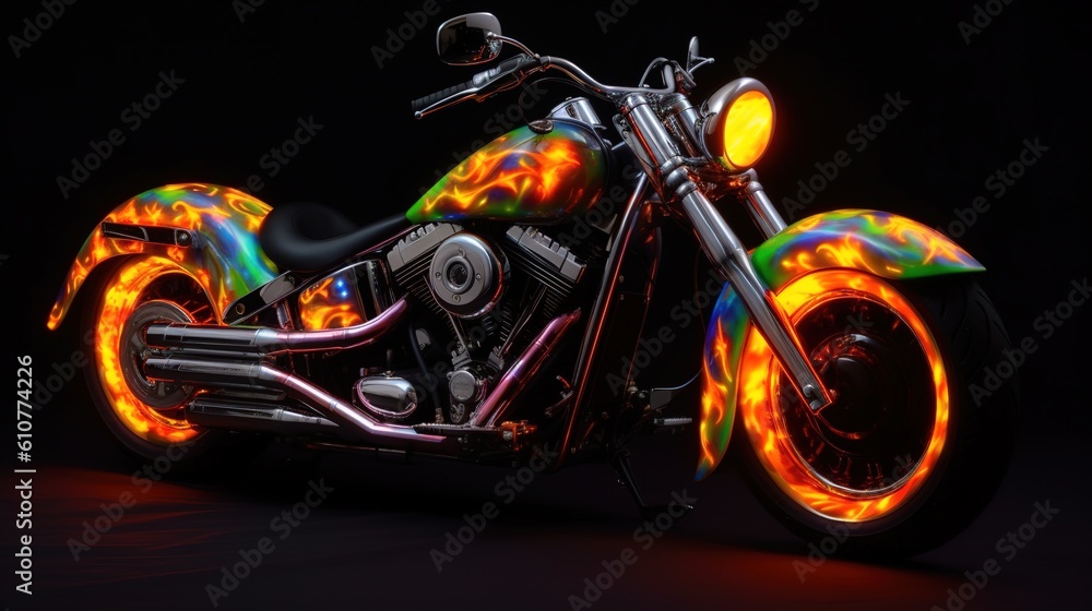 Bright and colorful motorcycle with neon lights on a dark background. AI generation