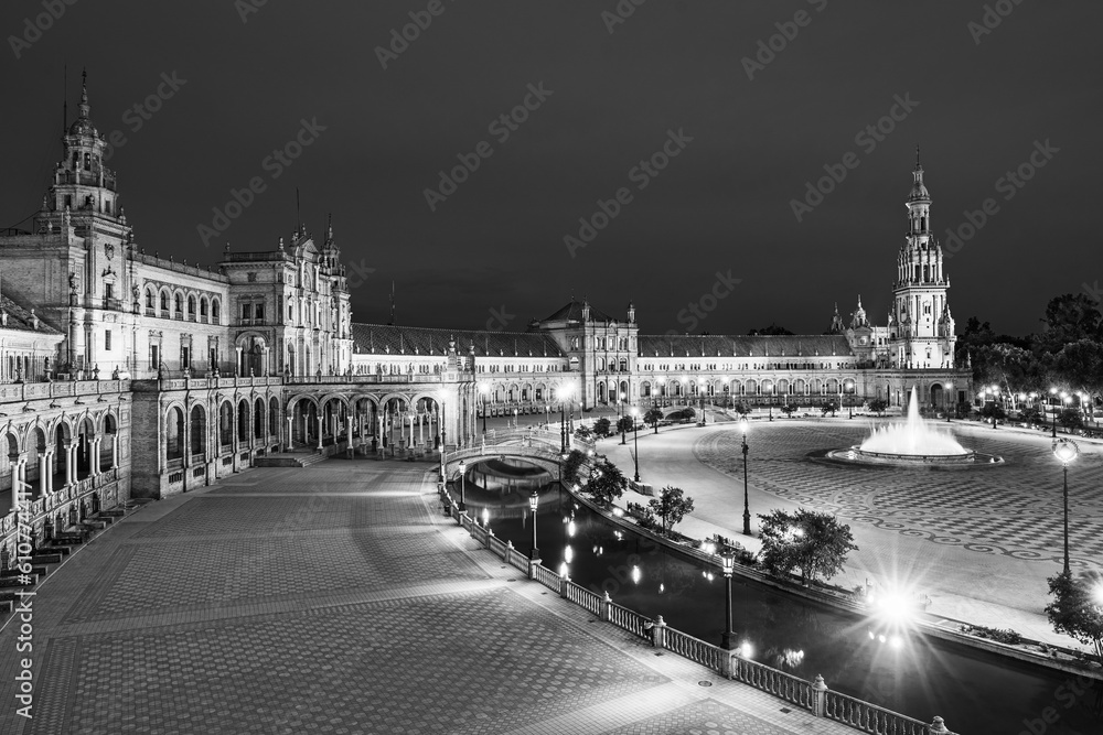 Seville, Andalusia, Spain: Plaza de spana, Spanish Square at twilight; black and white cityscape