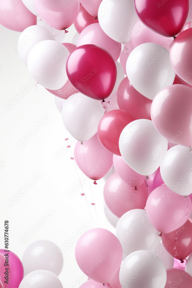fliegende rosa pink und weiße Ballons auf hellem Hintergrund. Generative Ai.