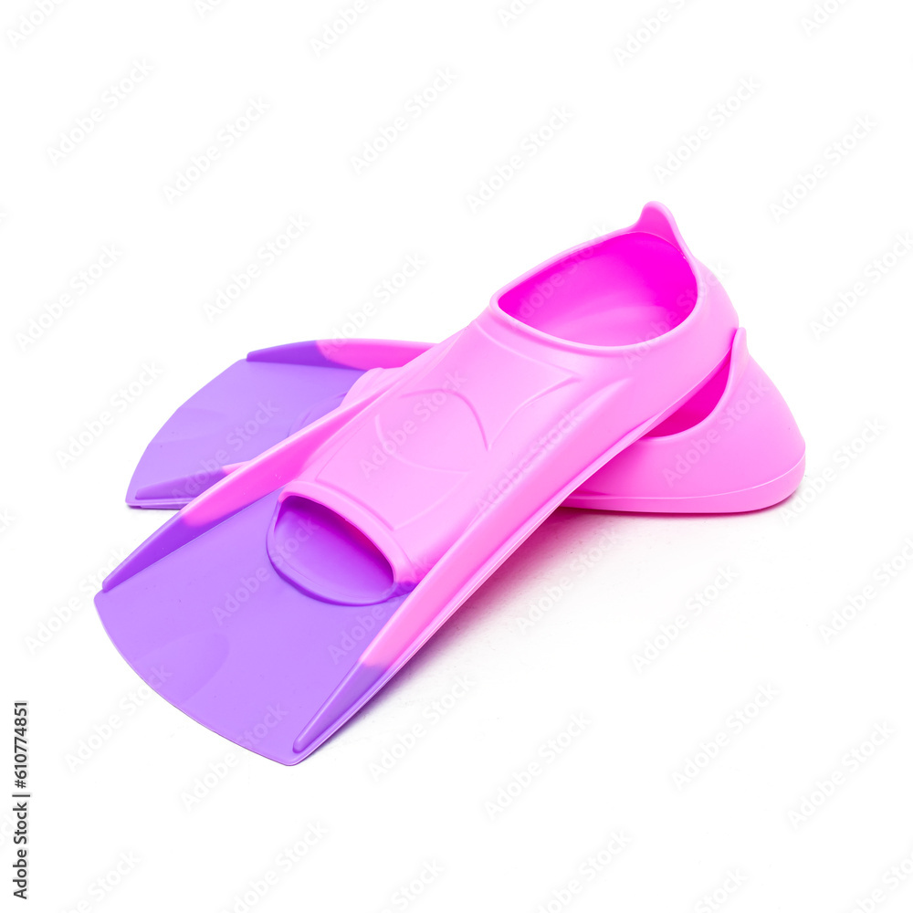 Pink rubber fins for swimming and diving on white background. Square. Fins for girl or woman Pink rubber fins for swimming and diving on white background. Square. Fins for girl or woman
