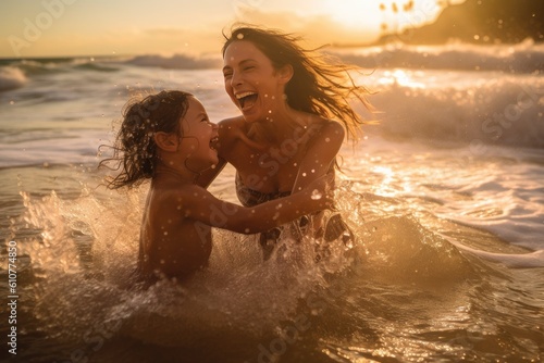 Moment between a mother and her daughter as they playfully splash in the sea. Generative AI © YouraPechkin