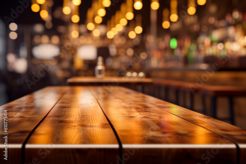 Elegant wooden table nestled amidst a blurred bar interior scene Generative AI